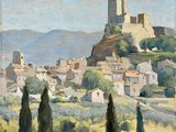 an image of a painting of a village with a castle in the background