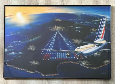 une photo d'un tableau représentant un avion volant dans le ciel