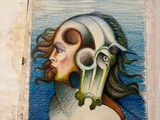 a drawing of a man with a gas mask on his face