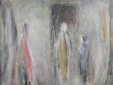an oil painting of a woman standing in front of a mirror