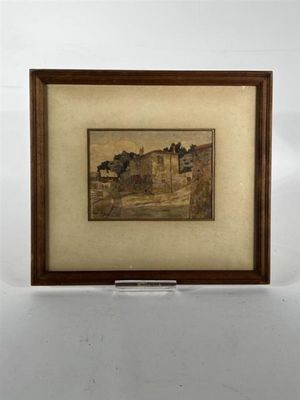 une vieille photo représentant une peinture d'une maison, dans un cadre en bois