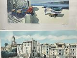 two pictures of boats on the water in front of a building