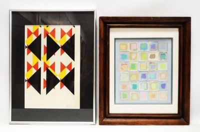 two framed art pieces of different shapes and sizes on a white wall