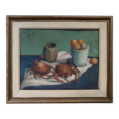 painting of two crabs on a table with oranges and a cup