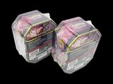 two plastic containers with different types of toys inside of them