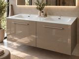 two sinks in a bathroom with a large mirror above them