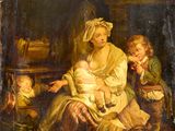 an old painting of a woman holding a baby and two children