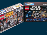 two boxes of lego star wars sets on a blue background
