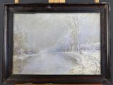 an oil painting of a snowy landscape with a river in the foreground