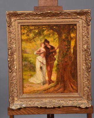 an oil painting of a couple kissing under a tree on a easel