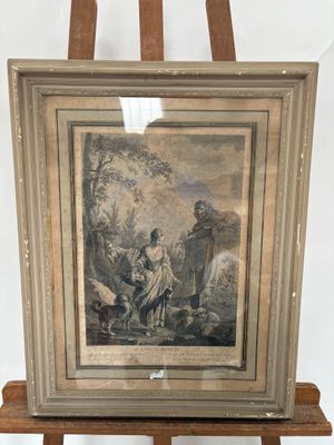une vieille photo représentant un tableau posé sur un chevalet en bois, sur lequel on voit un homme et une femme