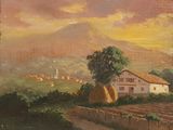 an oil painting of a farm scene with a mountain in the background