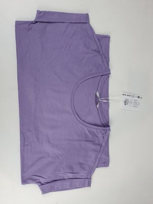 purple t - shirt laying on a white surface with a tag attached to it