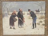 tableau représentant deux hommes et une femme dans la neige, avec une pelle