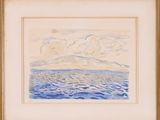 an image of a painting of a blue ocean with clouds in the sky