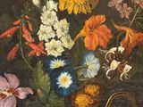 painting of a vase of flowers and a bird on a table