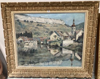 une photo d'un tableau représentant un village au bord de l'eau