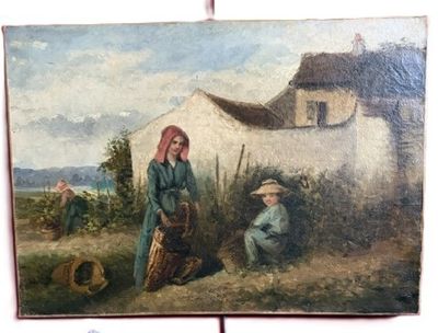 painting of two women and a child in front of a white house
