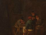 un tableau représentant un groupe d'hommes assis autour d'une table en train de jouer aux cartes