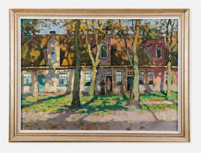une image représentant un tableau sur lequel on voit une maison avec des arbres devant