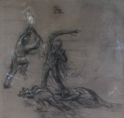 dessin représentant un homme et une femme dans un champ avec un chien