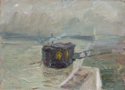 tableau représentant un bateau dans l'eau près d'un quai