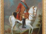 painting of a man in a red coat riding on a white horse