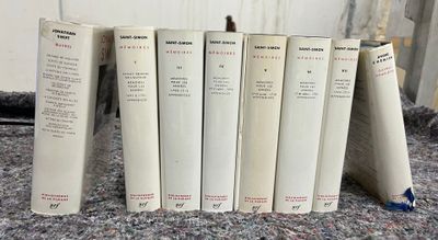 Plusieurs livres sont alignés sur un tapis