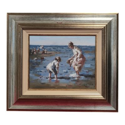 painting of a woman and child playing in the water at the beach