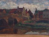an oil painting of a village with a bridge over a river