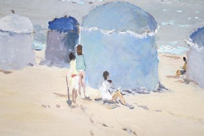 a painting of a woman and two children on the beach