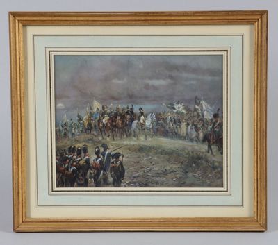 un tableau représentant un groupe d'hommes à cheval dans un champ