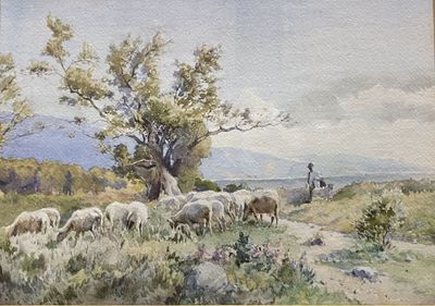 un tableau représentant un homme gardant des moutons dans un champ