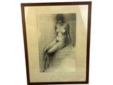 drawing of a nude woman sitting on a bed in a wooden frame