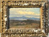 peinture représentant un paysage, dans un cadre doré, sur fond blanc