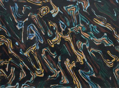 peinture abstraite représentant un groupe de personnes debout devant un fond noir