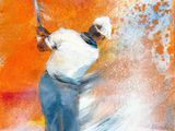 un tableau représentant un homme frappant une balle de golf avec un club
