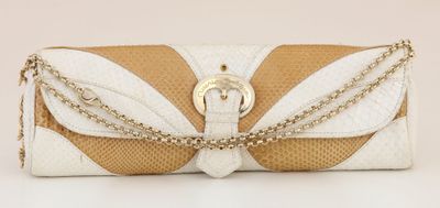a white and gold clutch bag with a chain strap