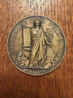 a close up of a medal on a wooden surface