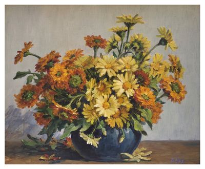a painting of flowers in a blue vase on a table
