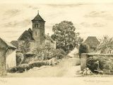 dessin représentant une rue de village avec une église et une calèche