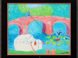 painting of a painting of a bridge with a person on it