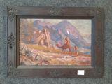 tableau représentant un homme à dos de chameau dans le désert, avec des montagnes en arrière-plan