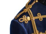 a close up of a blue uniform with gold trimmings