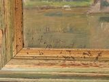 an oil painting of a river scene with a boat in the distance