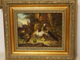 pair of 19th century oil paintings of chickens and chickens in a country setting