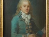 portrait of a man in a blue coat holding a red and white flag