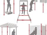 four different views of a man standing on a ladder and a man standing on a ladder