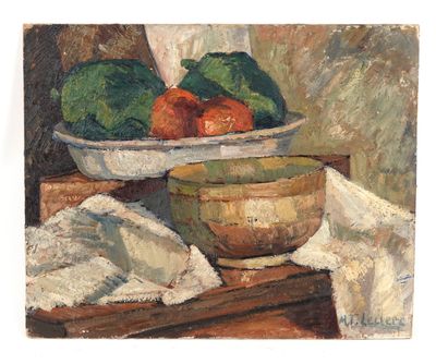 un tableau représentant un bol de fruits et de légumes posé sur une table
