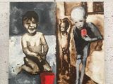 tableau représentant deux tableaux : l'un d'un garçon et l'autre d'un garçon avec un seau